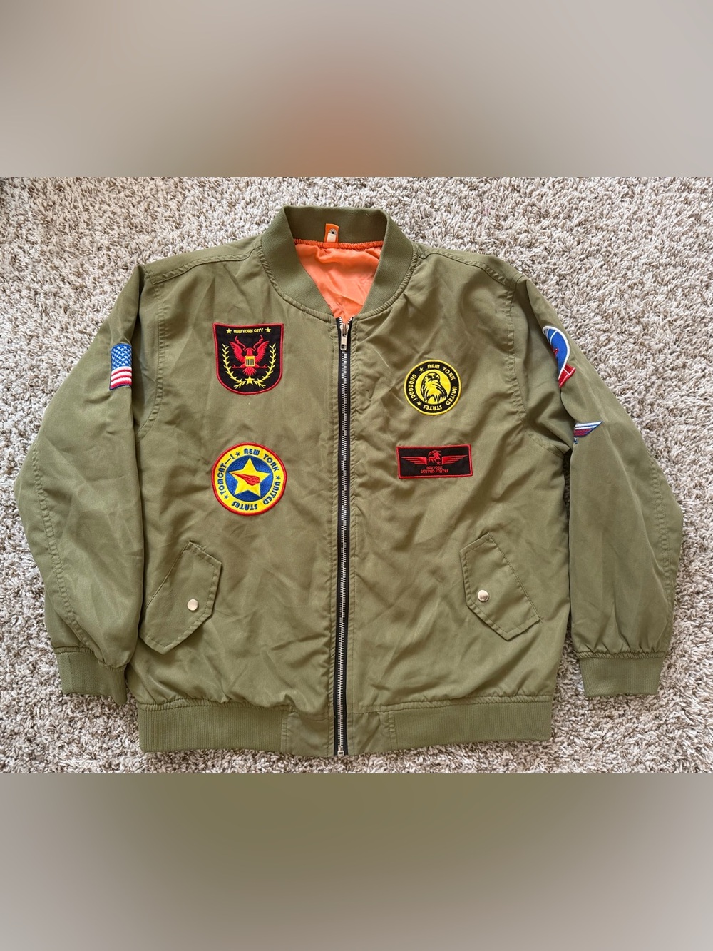 Jr Boys Olive Green Bomber Jacket with Patch Details